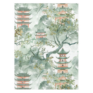 Mantel Pagoda asiática acuarela en paisaje verde (5)