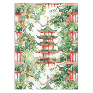 Mantel Pagoda asiática acuarela en paisaje verde (9)