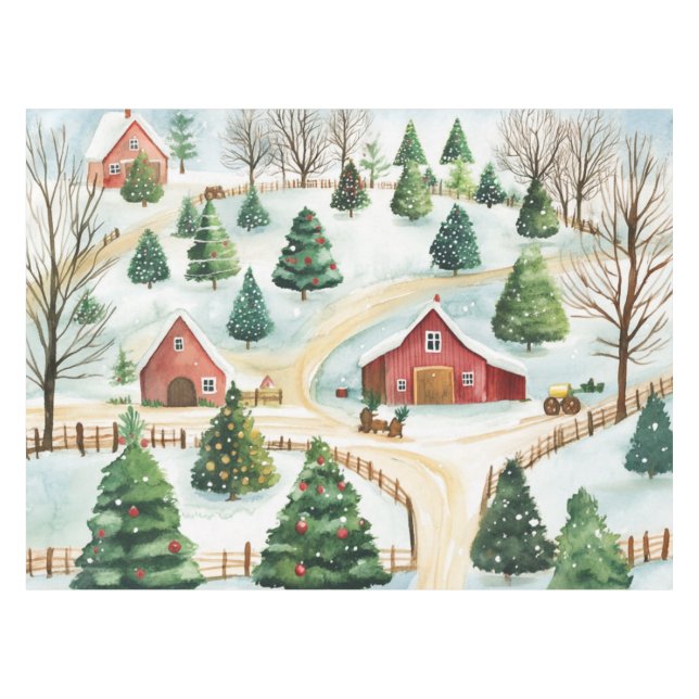 Mantel Paisaje rústico de invierno acuarela con árboles f (Frente (Horizontal))