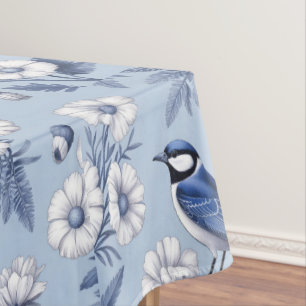 Mantel Pájaro Azul Elegante y Patrón Floral Blanco