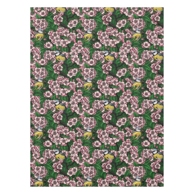 Mantel Pájaros azules en el floreciente cerezo en verde (Anverso)