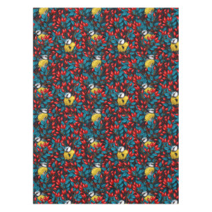 Mantel Pájaros y caderas de rosa de perro, azules y rojas