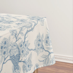 Mantel Pájaros y flor de cerezo en azul y blanco desvaído