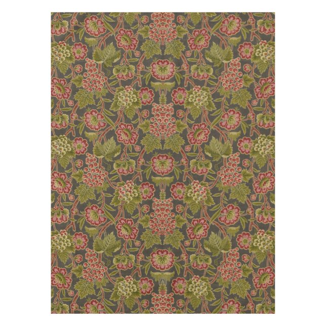 Mantel Patrón Botánico Antiguo de Flores Rojas y Uvas (Anverso)
