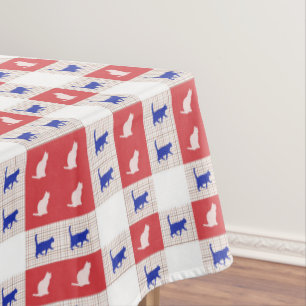 Mantel Patrón de gato de tablero de cheques rojo, blanco 