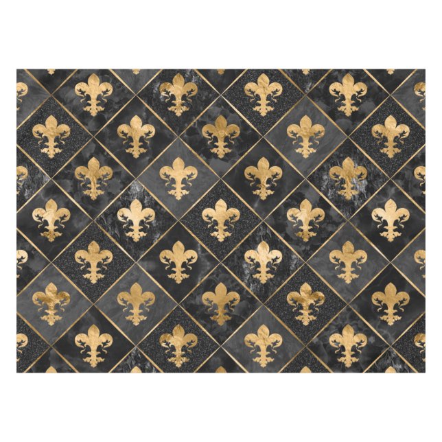 Mantel Patrón Fleur-de-lis Mármol Negro y Oro (Frente (Horizontal))