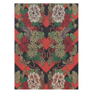 Mantel Patrón Floral Japonés Vintage Peonía Rojo Negro