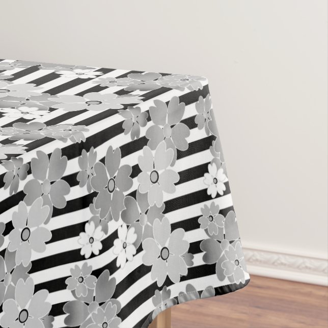 Mantel Patrón floral rayado retro negro y blanco (In Situ)