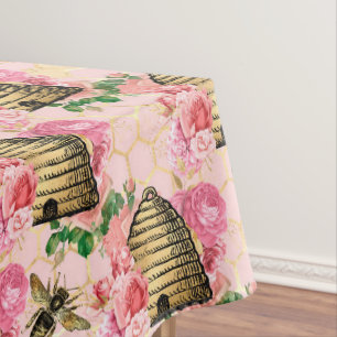 Mantel Patrón Floral Rosa de Panal de Abejas Vintage