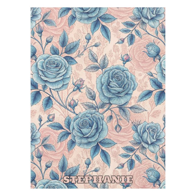 Mantel Patrón Rosa azul retro sobre fondo rosa suave (Anverso)