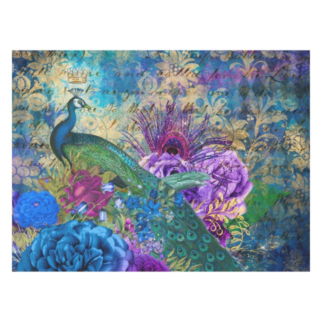 Mantel Peacock y Flores Ilustrados Antiguos Grunge (Frente (Horizontal))