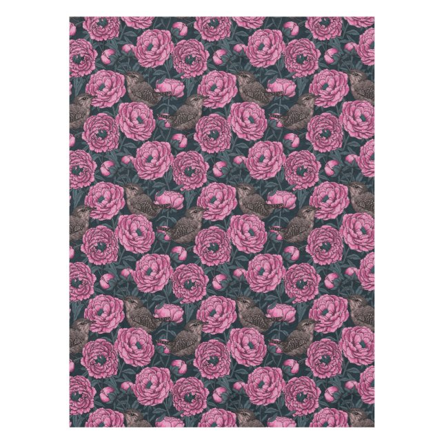Mantel Peonies y wrenes en gris oscuro (Anverso)