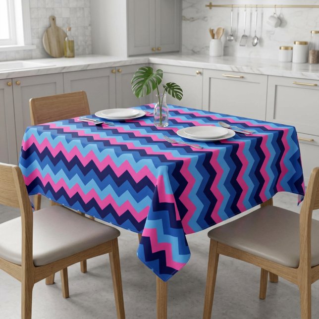 Mantel pequeño con patrón de chevron rosa azul fre (Cool Blue Pink Chevron Pattern Small Tablecloth covering a small table in a modern style kitchen.)