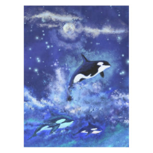 Mantel Pestaña azul con ballenas asesinas a plena Luna