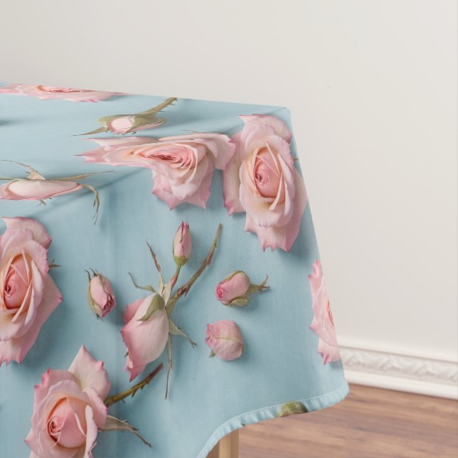 Mantel Pink Roses Scattered Across Light Blue Background (In Situ)