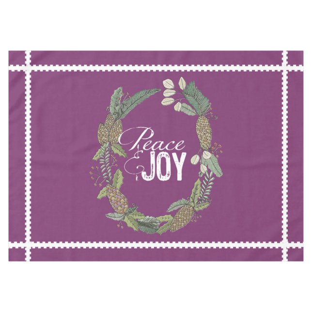 Mantel Purple Peace Joy Evergreen Cones Wreath Tablecloth (Frente (Horizontal))