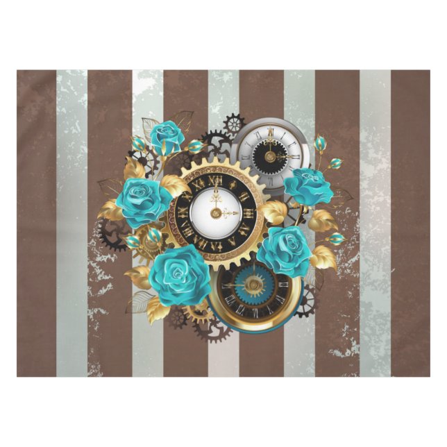 Mantel Reloj de vapor y Rosas turquesa a rayas (Frente (Horizontal))