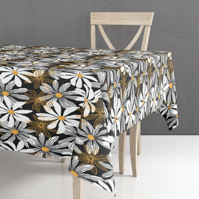 Mantel Resumen elegante de floral de margarita negro, bla (Black, White, Yellow Elegant Daisy Floral Abstract Tablecloth)