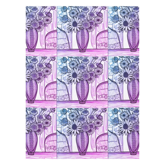 Mantel Resumen Línea Dibujo Floral Arte Azul púrpura (Anverso)