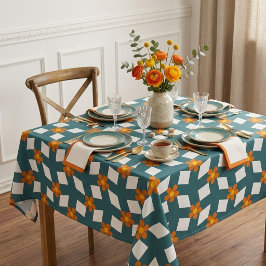 Mantel Retro de los 70 Teal y Naranja Floral Geométrico
