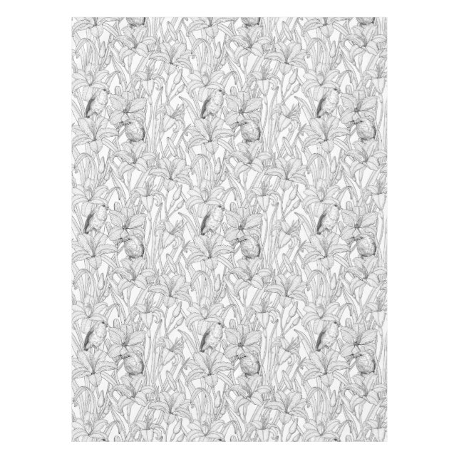 Mantel Robins y flores de lilo, negro y blanco (Anverso)