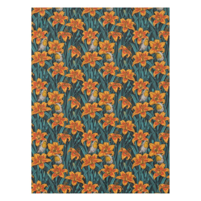 Mantel Robins y flores de lirio, naranja y azul (Anverso)