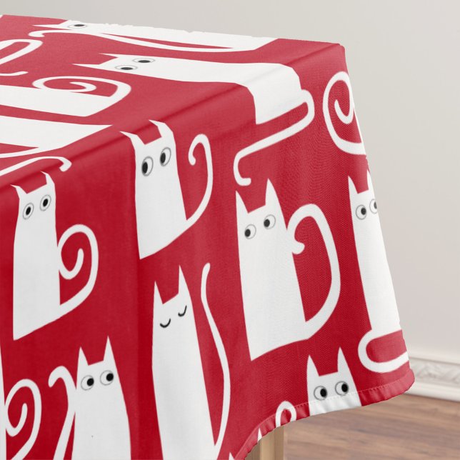 Mantel Rojo y blanco de gato curado (Fun red and white kitty cat pattern festive tablecloth)