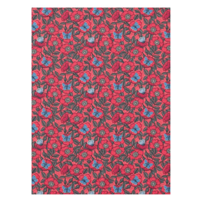 Mantel Rosa de perro y mariposas en rojo y azul (Anverso)