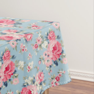 Mantel Rosas rosadas de algodón en fondo azul