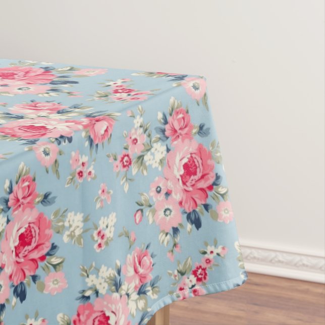 Mantel Rosas rosadas de algodón en fondo azul (In Situ)