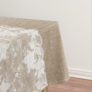 Mantel Rústico campo vintage burlap beige y encaje blanco