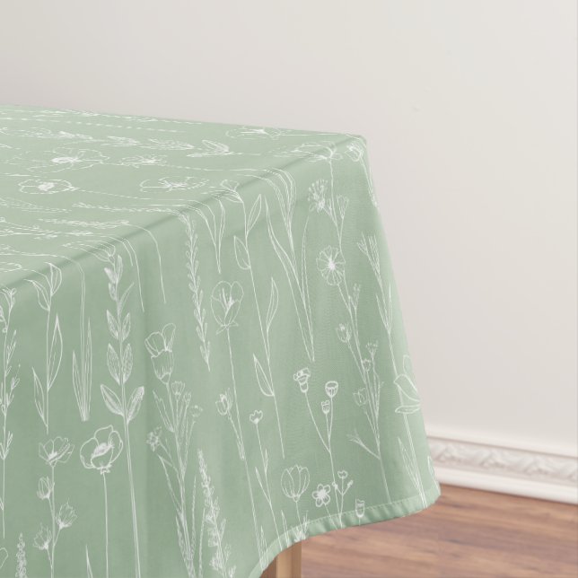 Mantel Sage Green Wildflower Baby Shower Tablecloth (In Situ)