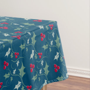 Mantel Santas rojas bayas Navidad follaje estampado azul