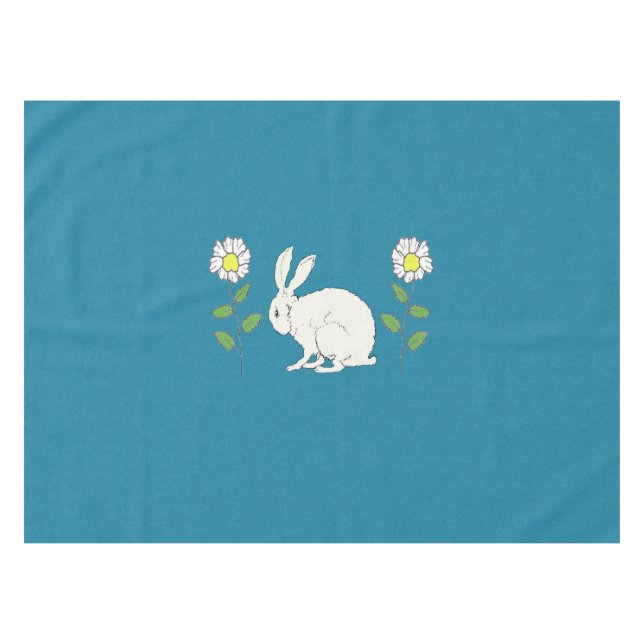 Mantel Sentado en un conejo blanco entre daisies en azul  (Frente (Horizontal))
