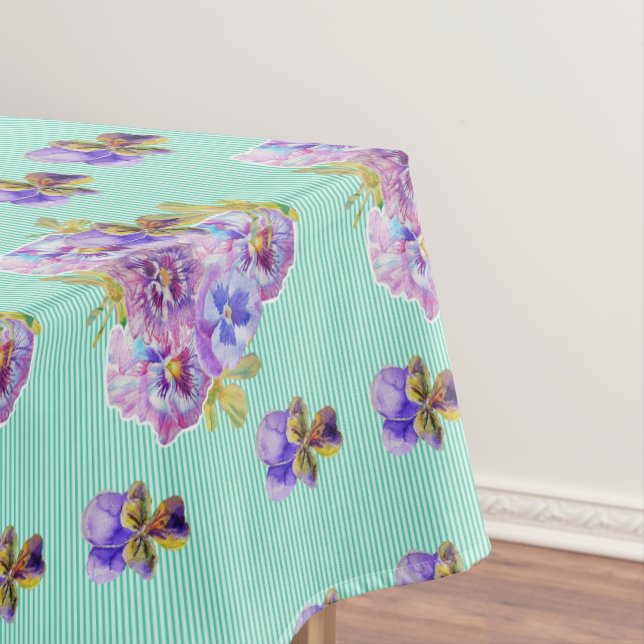 Mantel Shabby Chic Aqua Stripe Pansy Floral Tableclol (In Situ)