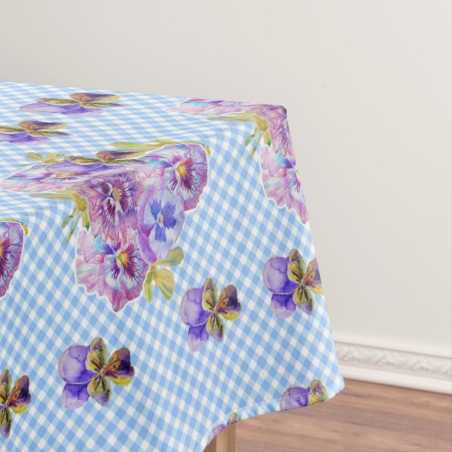 Mantel Shabby Chic Blue Gingham Pansy Floral Tablecloth (In Situ)