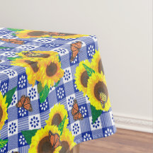 Sunflower Butterflies Blue Gingham