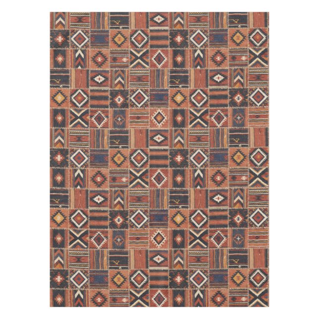 Mantel Tapiz geométrico de Kilim de patchwork rústico (Anverso)