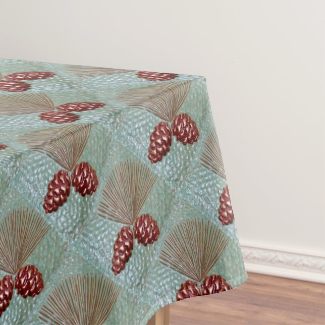Mantel Tela de tabla con huella de pinecona (Tablecloth with ponderosa pinecone pattern with green and copper.)
