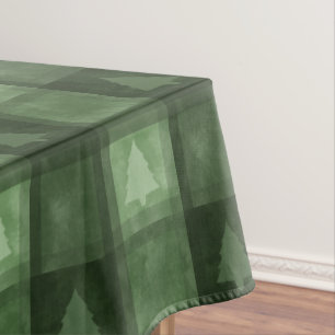 Mantel Textura de Acuarela Verde Cuadros y Árboles Navida