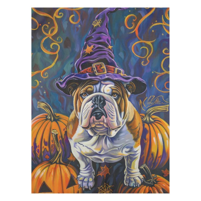 Mantel Tocante Bulldog Halloween Bruja Y Calabaza (Anverso)