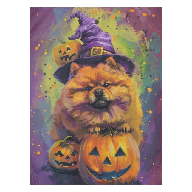 Mantel Tocante Chow Chow Perro Halloween Bruja Y Calabaza (Anverso)