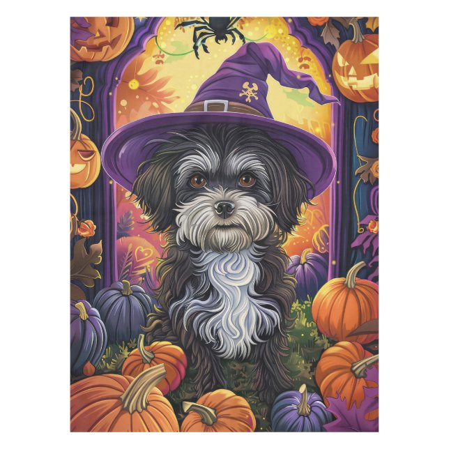 Mantel Tocante Perro Havanés Halloween Bruja Y Calabaza (Anverso)