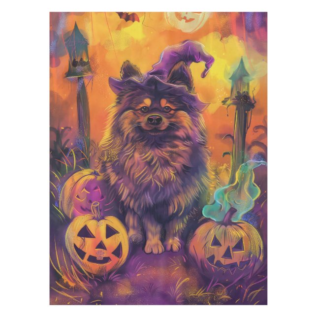 Mantel Tocante Perro Keeshond Halloween Bruja Y Calabaza (Anverso)
