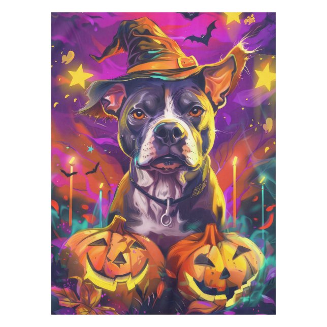 Mantel Tocante Perro Pitbull Halloween Bruja Y Calabaza (Anverso)