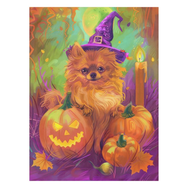Mantel Tocante Perro Pomeraniano Halloween Bruja Y Calaba (Anverso)