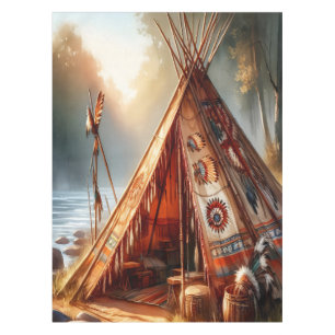 Mantel Tranquila tepee indígena junto a un río sereno