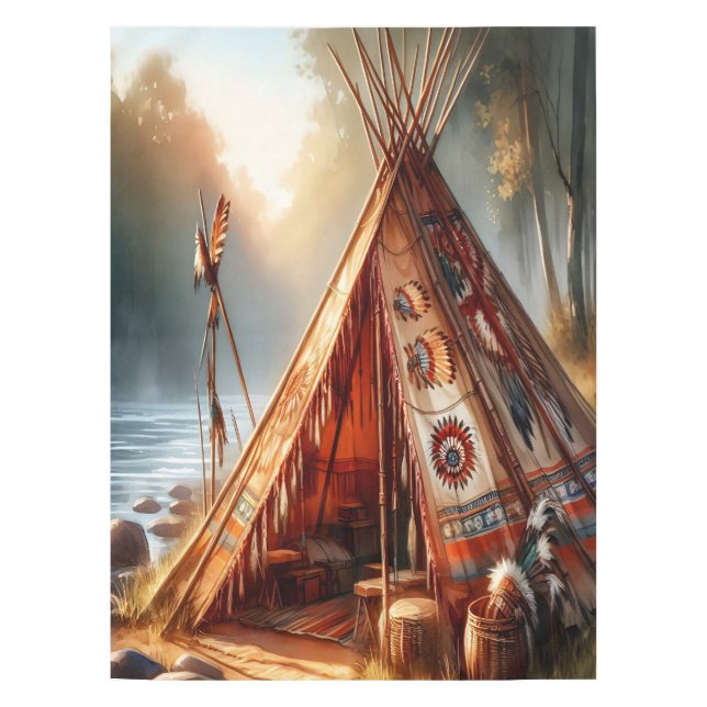 Mantel Tranquila tepee indígena junto a un río sereno (Anverso)