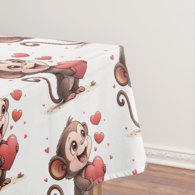 Mantel Valentine's Day Tablecloth Monkey Red Hearts  (In Situ)