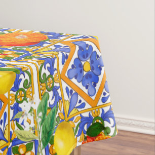 Mantel Verano, baldosas sicilianas, cítricos, naranjas, 